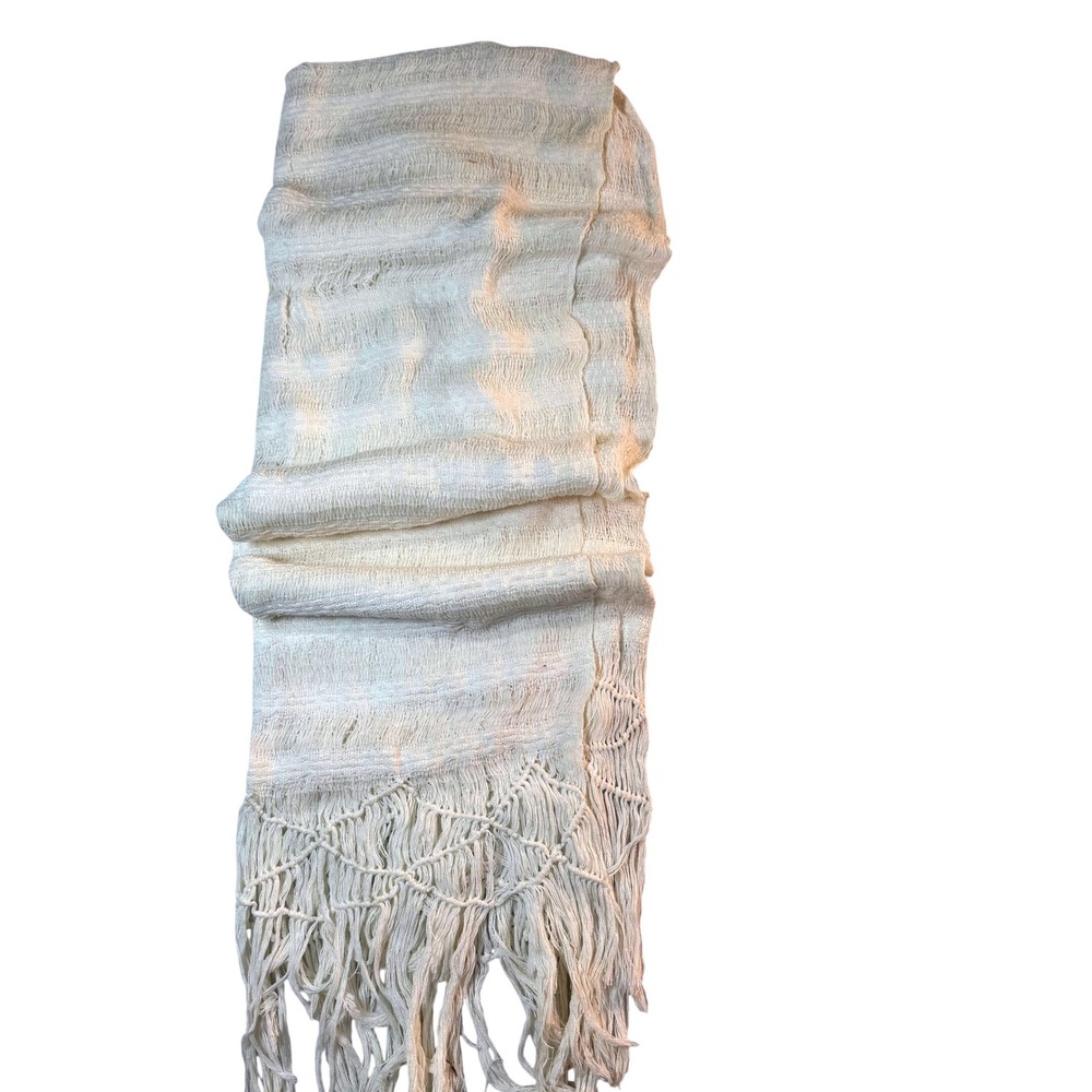 Vintage 70s Cream Woven Shawl Wrap Macrame Fringe Boho Hippie Festival